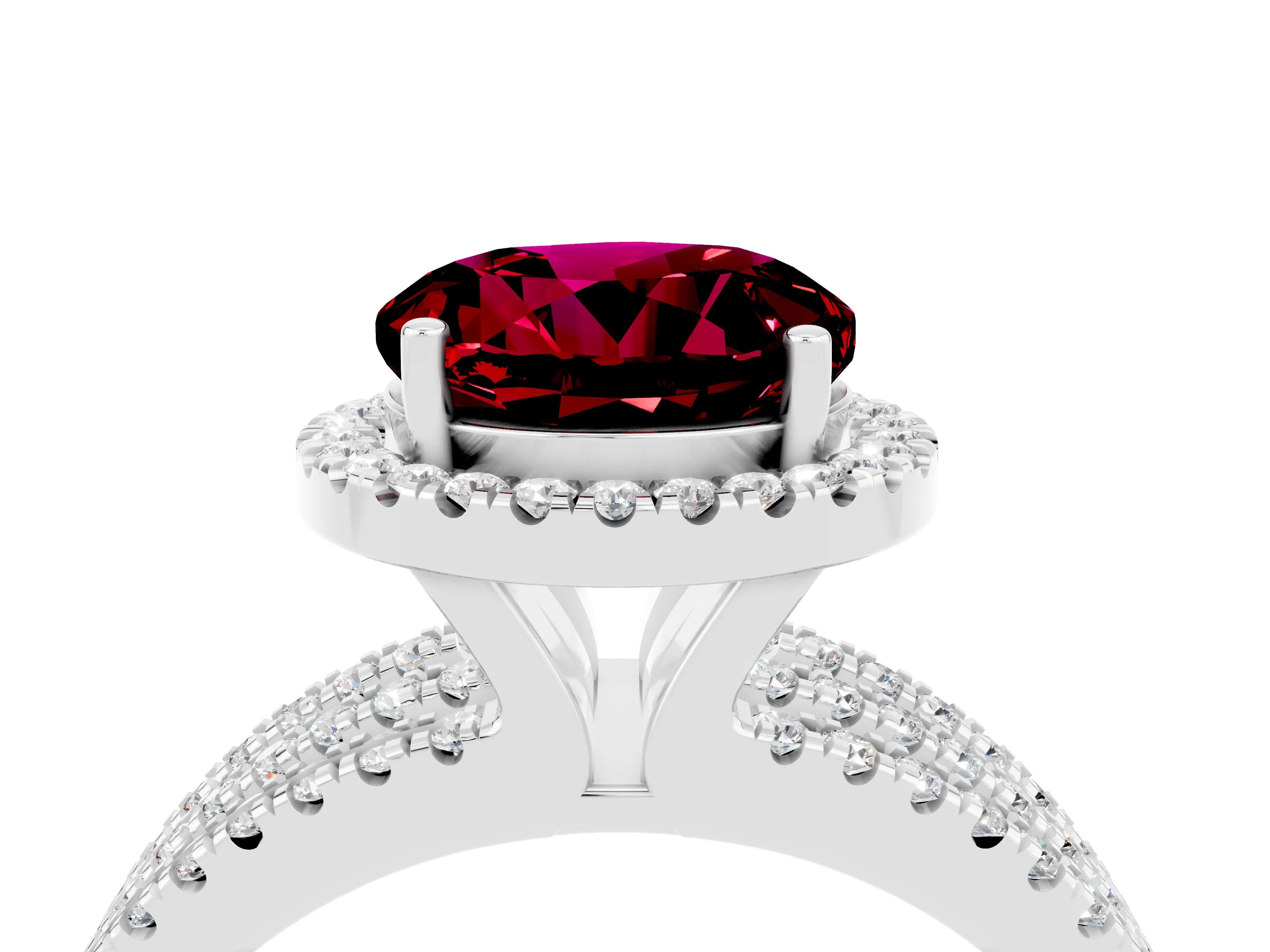 White gold {shape_name} Garnet Halo Engagement Ring with Split Shank and Four-Prong Setting_16