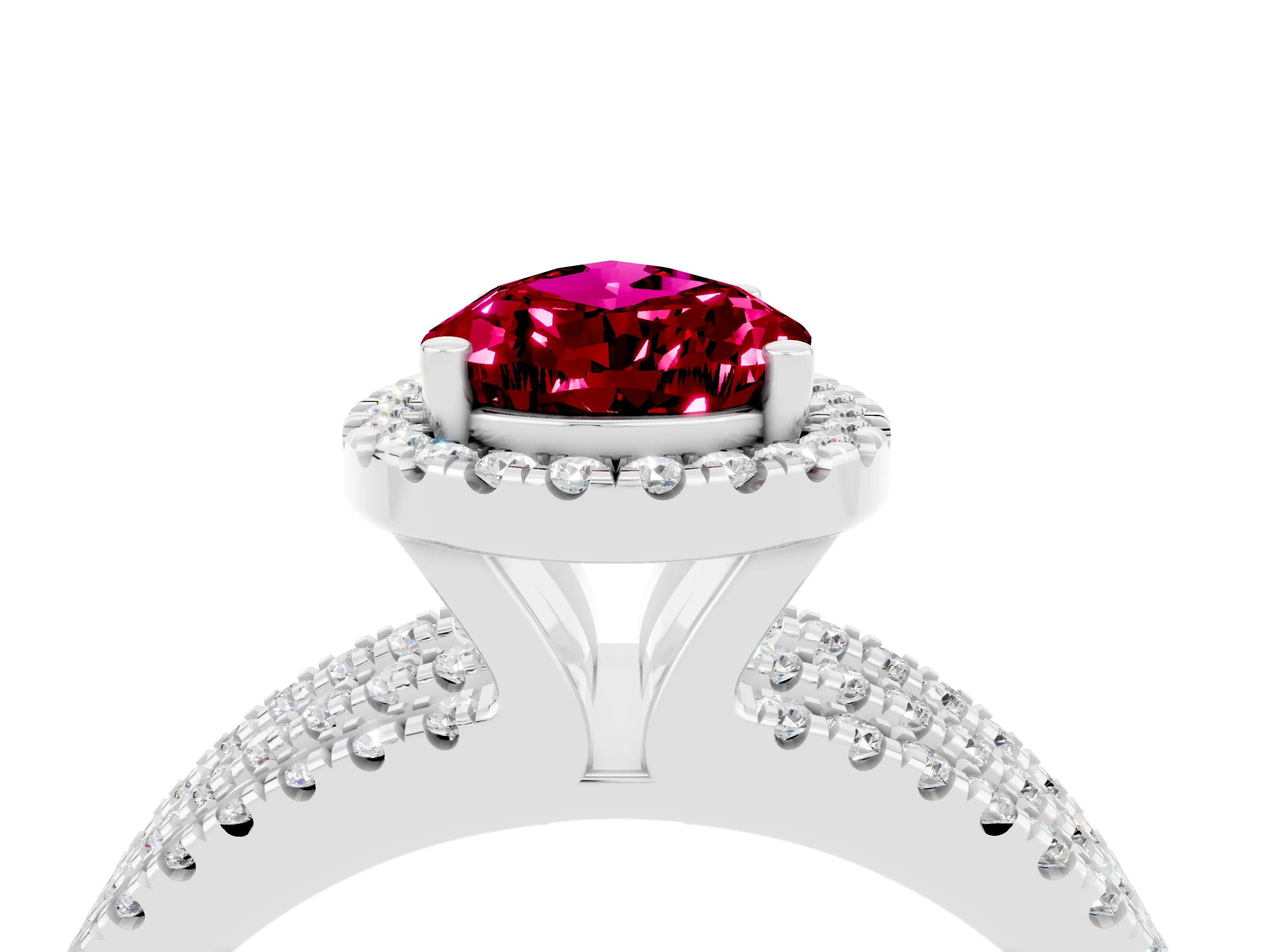 White gold {shape_name} Garnet Halo Engagement Ring with Split Shank and Four-Prong Setting_16