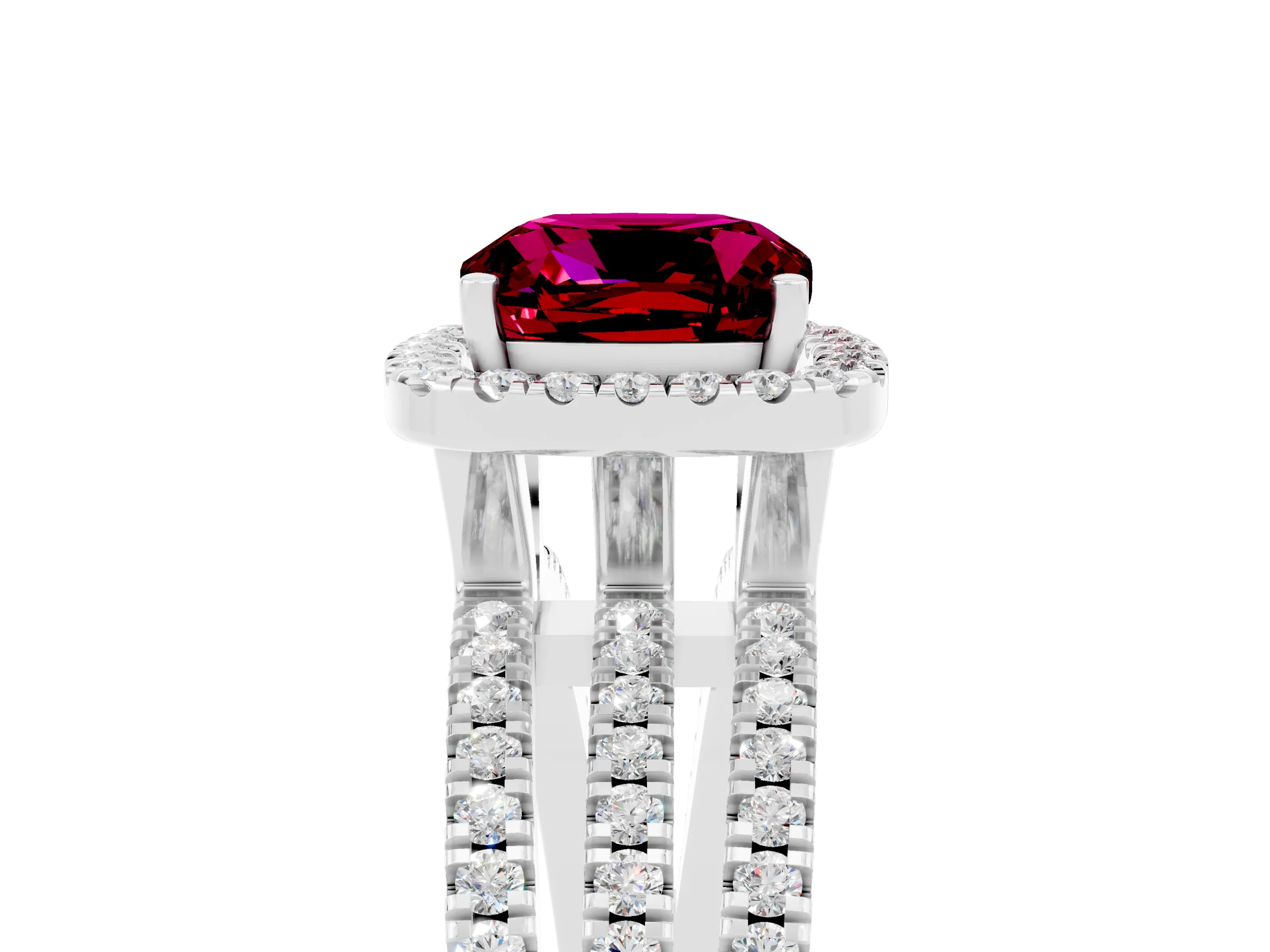 White gold {shape_name} Garnet Halo Engagement Ring with Split Shank and Four-Prong Setting_17