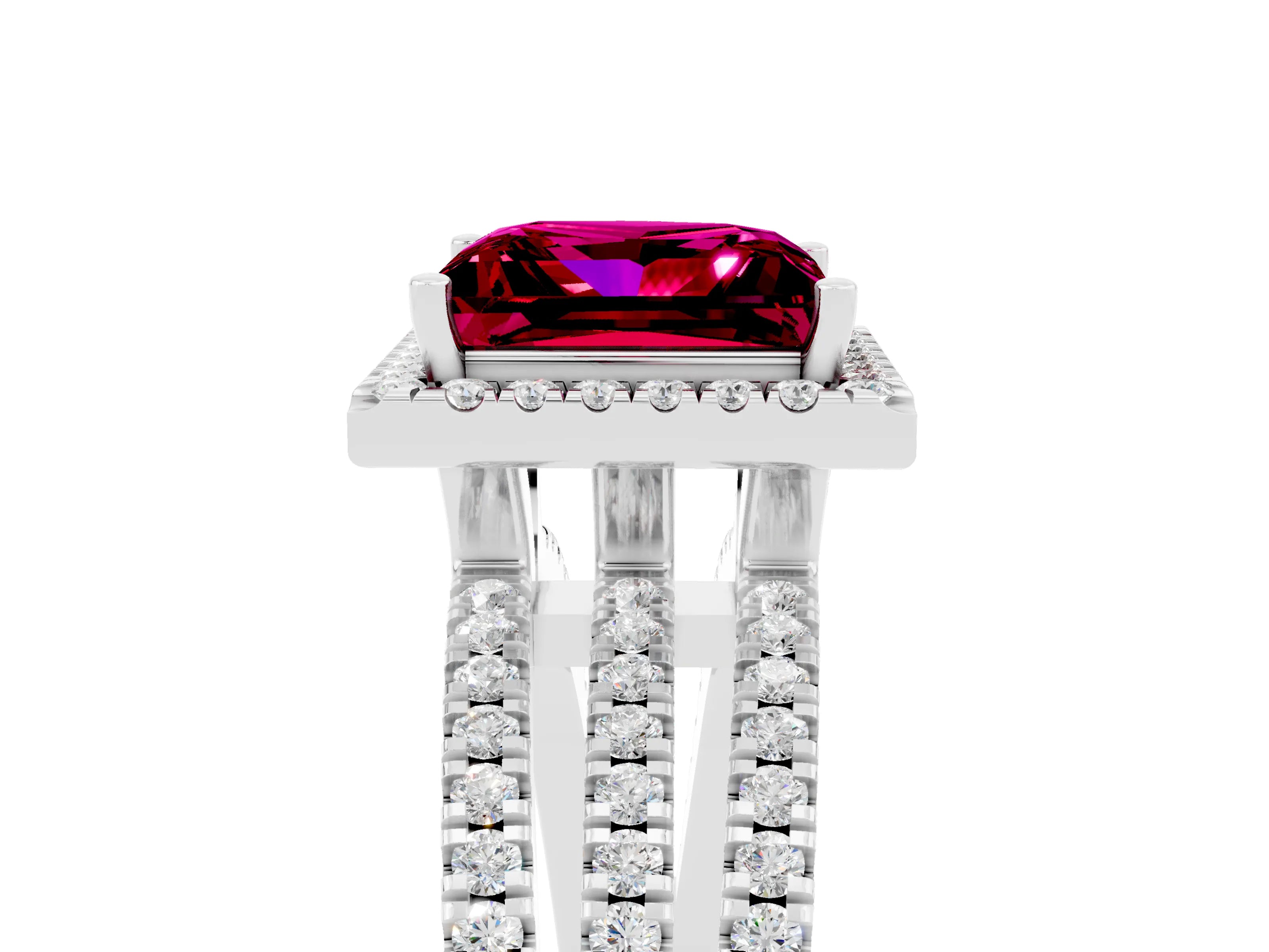 White gold {shape_name} Garnet Halo Engagement Ring with Split Shank and Four-Prong Setting_17