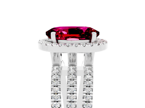 White gold {shape_name} Garnet Halo Engagement Ring with Split Shank and Four-Prong Setting_17
