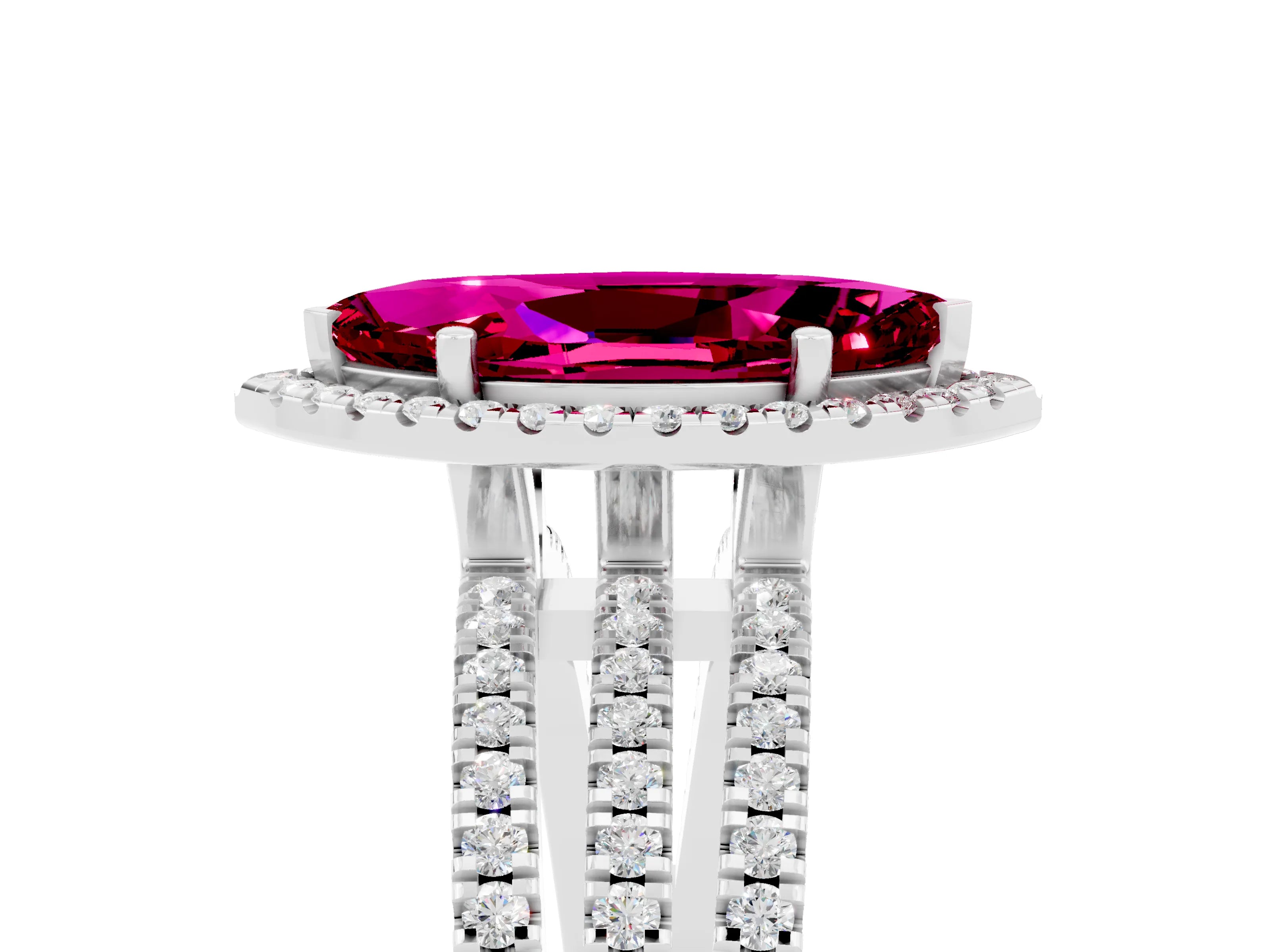 White gold {shape_name} Garnet Halo Engagement Ring with Split Shank and Four-Prong Setting_17