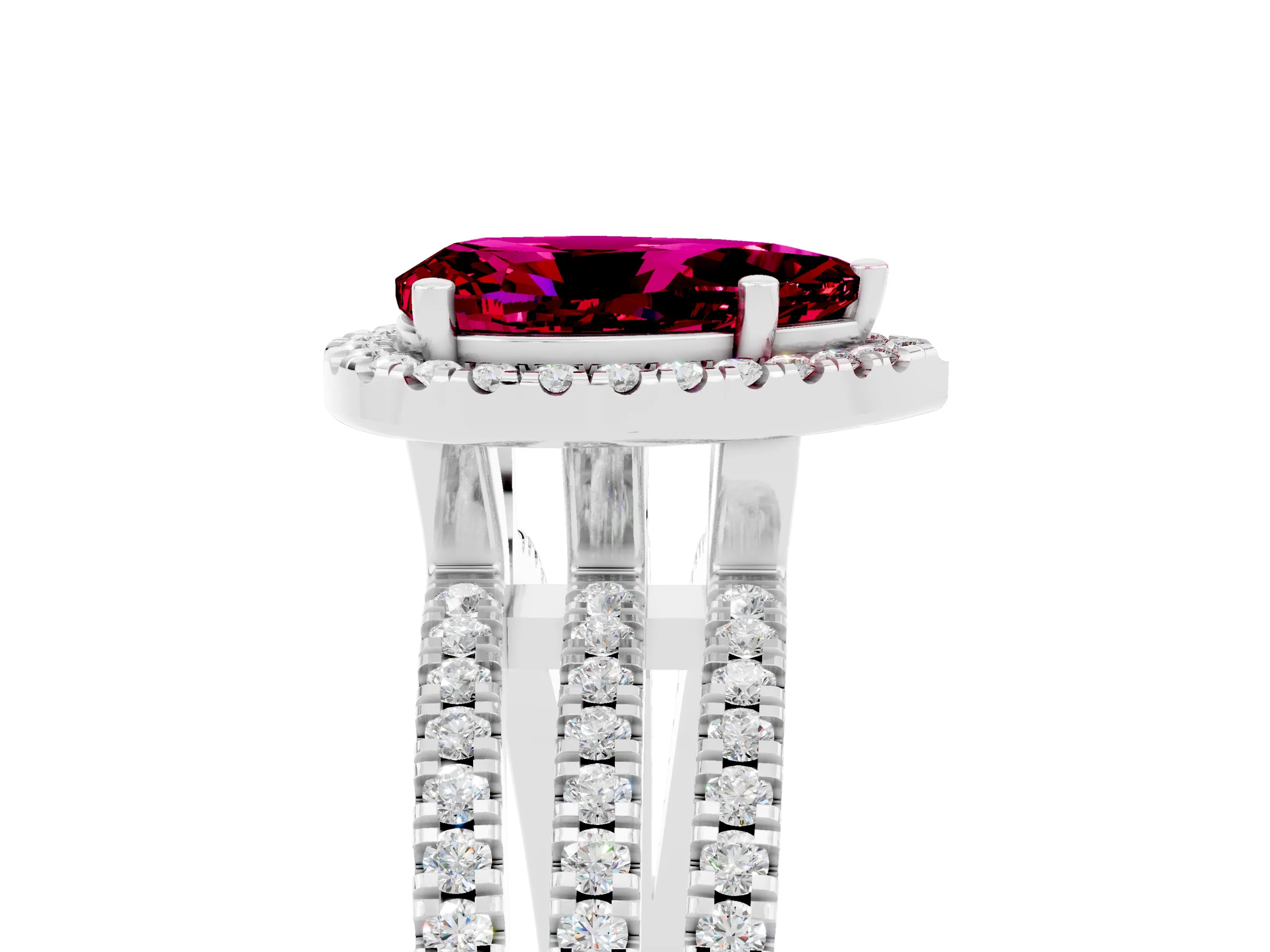 White gold {shape_name} Garnet Halo Engagement Ring with Split Shank and Four-Prong Setting_17