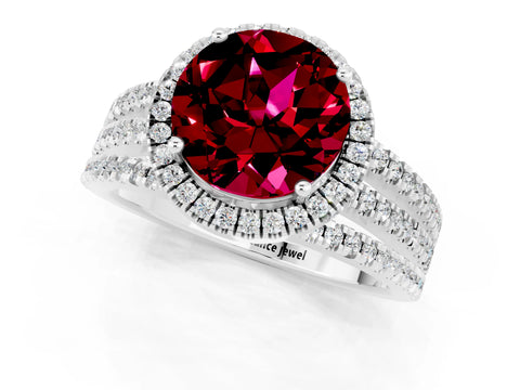 White gold {shape_name} Garnet Halo Engagement Ring with Split Shank and Four-Prong Setting_1