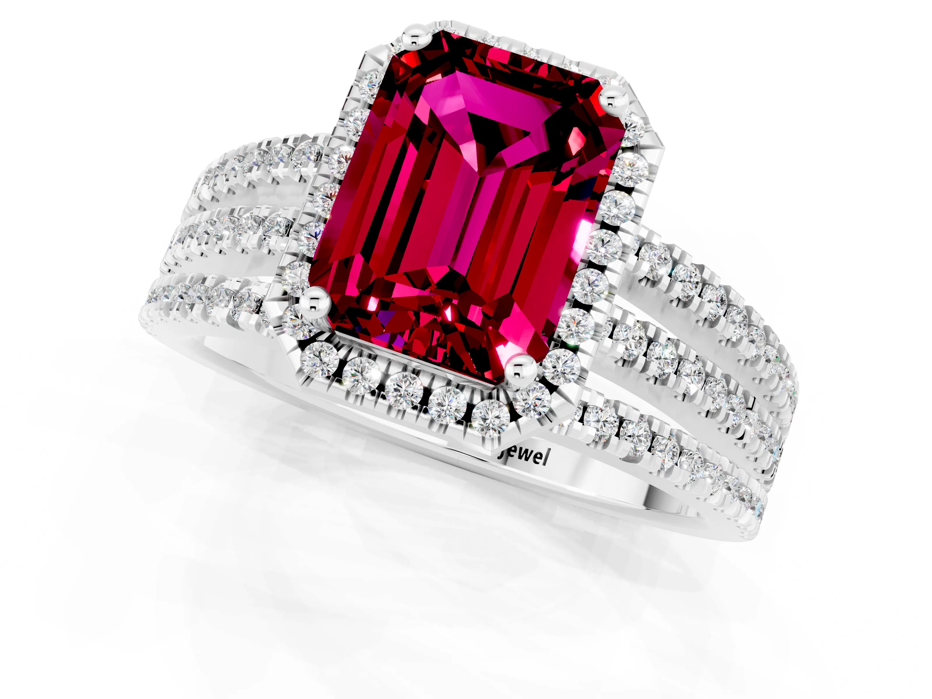 White gold {shape_name} Garnet Halo Engagement Ring with Split Shank and Four-Prong Setting_1