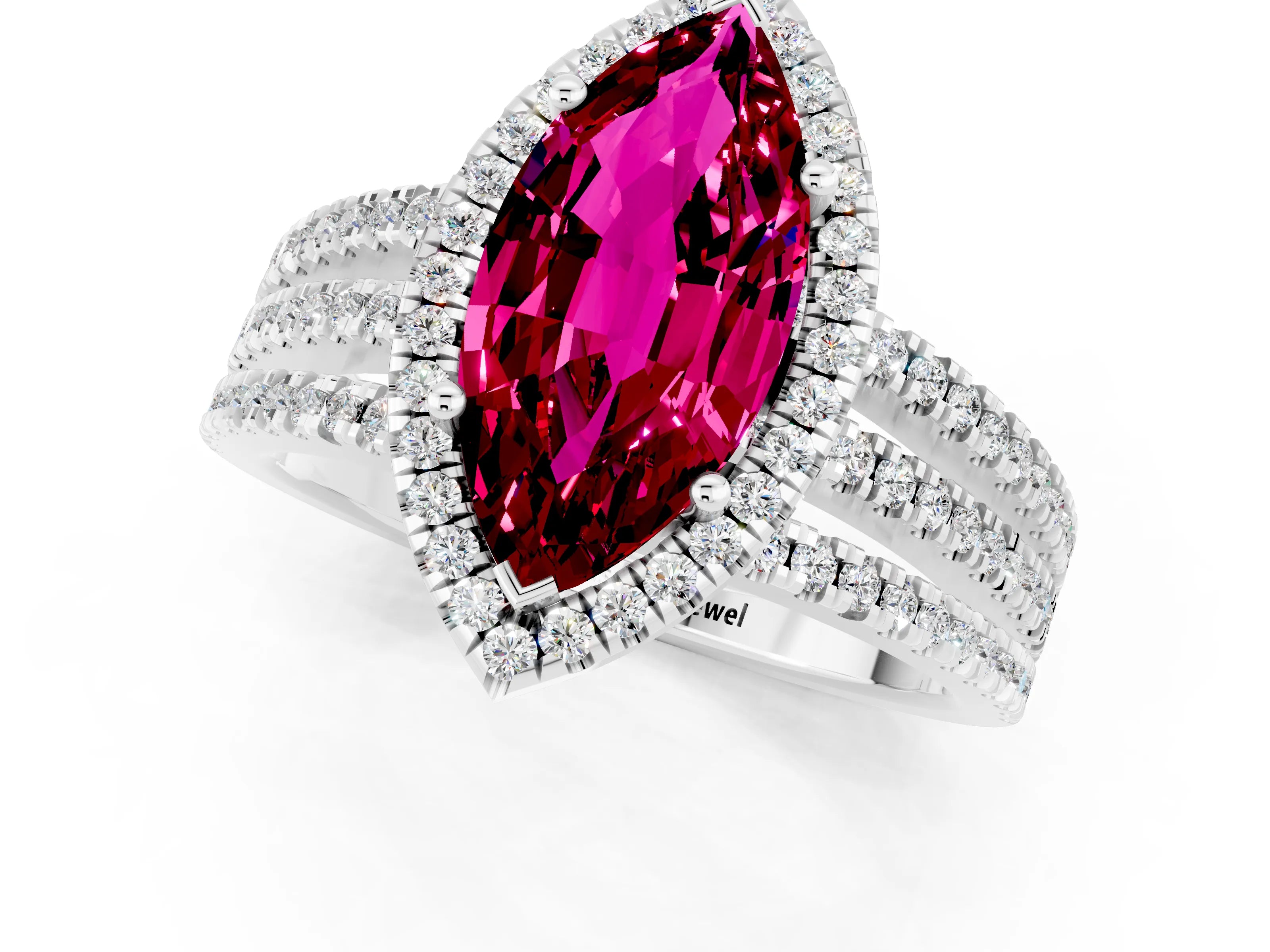White gold {shape_name} Garnet Halo Engagement Ring with Split Shank and Four-Prong Setting_1