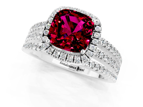 Silver Cushion Cut Garnet Halo Engagement Ring with Split Shank and Four-Prong Setting