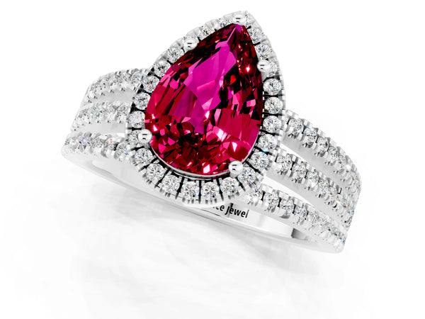 Silver Pear Cut Garnet Halo Engagement Ring with Split Shank and Four-Prong Setting