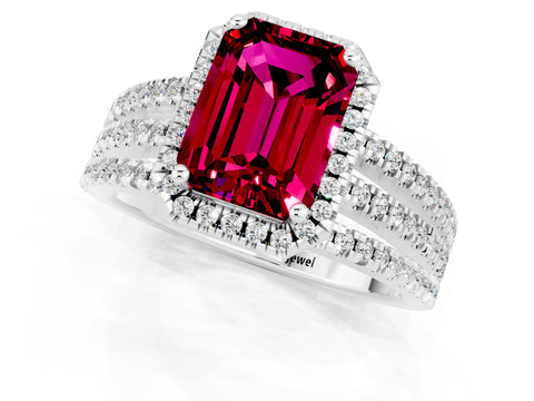 White gold {shape_name} Garnet Halo Engagement Ring with Split Shank and Four-Prong Setting_1