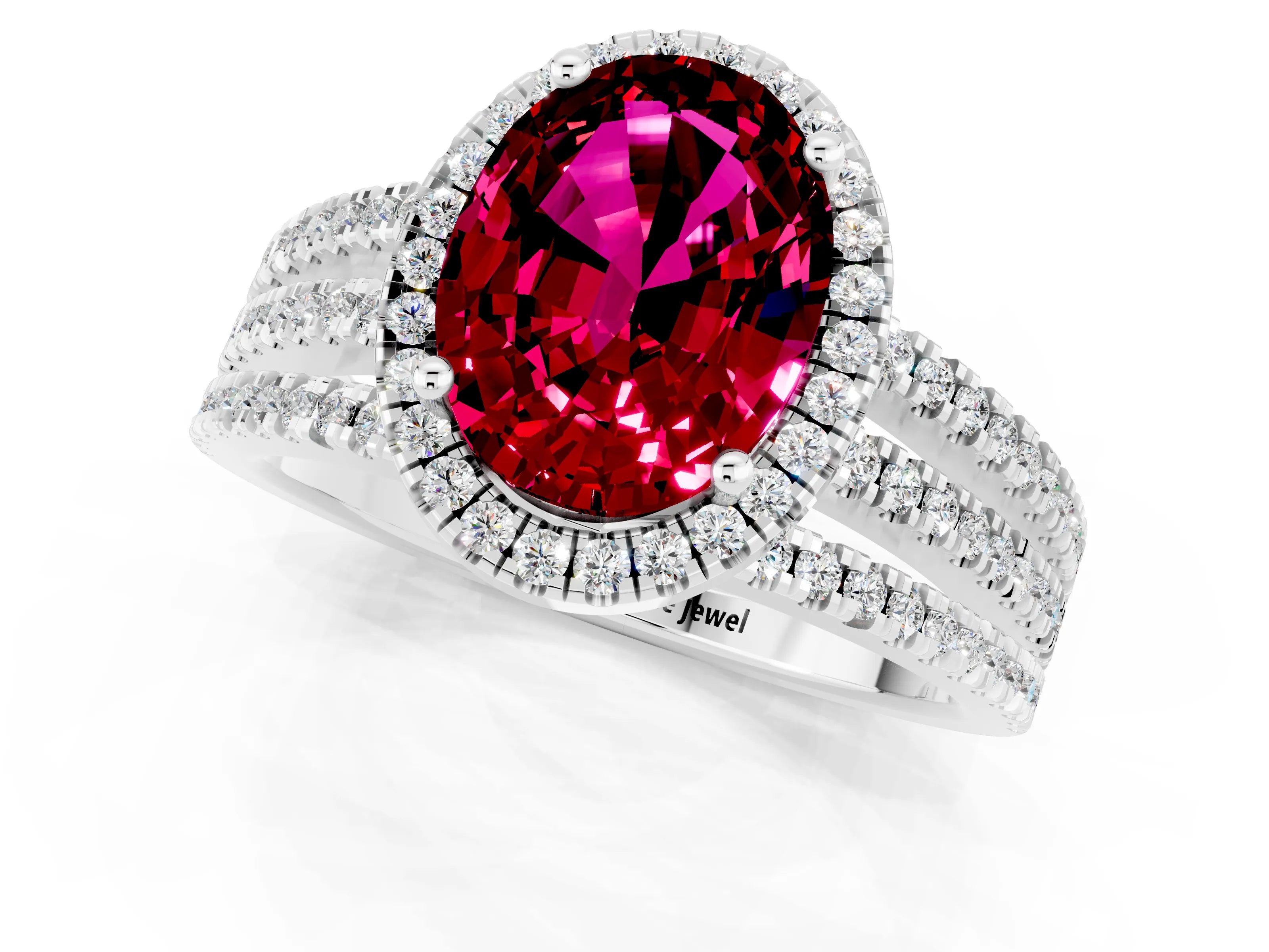 White gold {shape_name} Garnet Halo Engagement Ring with Split Shank and Four-Prong Setting_1