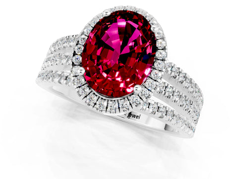 White gold {shape_name} Garnet Halo Engagement Ring with Split Shank and Four-Prong Setting_1