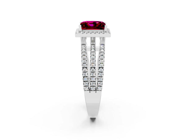 Platinum Princess Cut Garnet Halo Engagement Ring with Split Shank and Four-Prong Setting