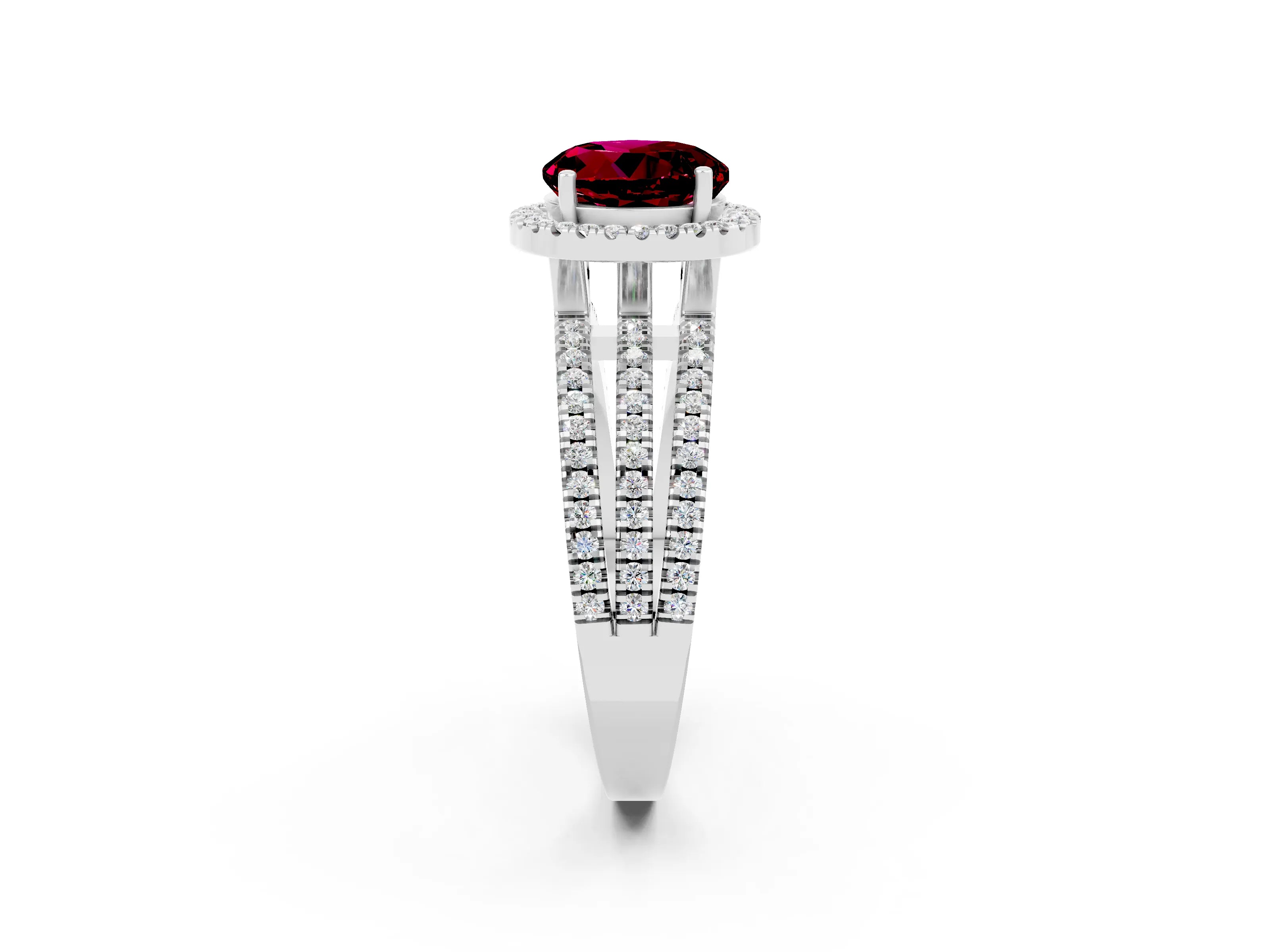 White gold {shape_name} Garnet Halo Engagement Ring with Split Shank and Four-Prong Setting_2