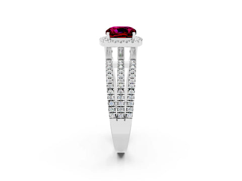 White gold {shape_name} Garnet Halo Engagement Ring with Split Shank and Four-Prong Setting_2