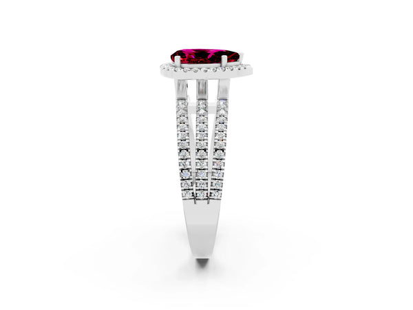 Platinum Pear Cut Garnet Halo Engagement Ring with Split Shank and Four-Prong Setting