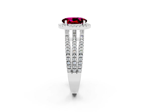 Silver Oval Cut Garnet Halo Engagement Ring with Split Shank and Four-Prong Setting