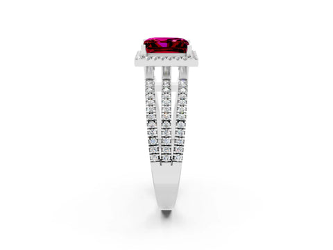 White gold {shape_name} Garnet Halo Engagement Ring with Split Shank and Four-Prong Setting_2