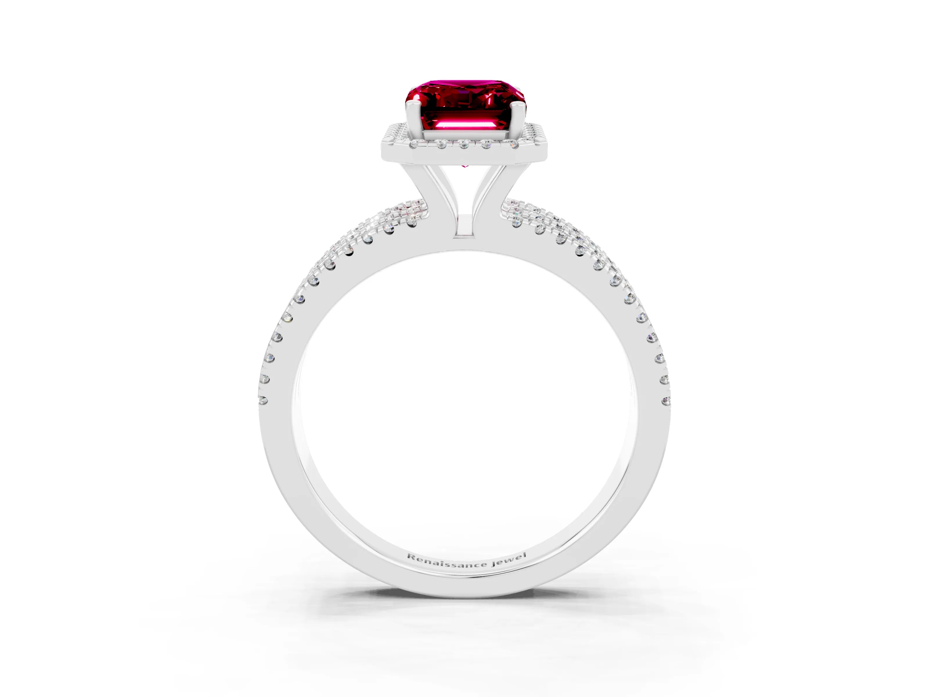 White gold {shape_name} Garnet Halo Engagement Ring with Split Shank and Four-Prong Setting_3