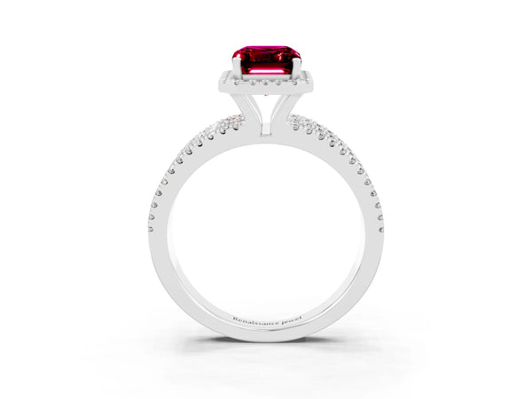 Platinum Emerald Cut Garnet Halo Engagement Ring with Split Shank and Four-Prong Setting