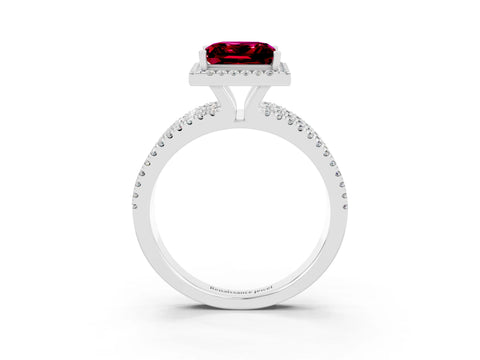 White gold {shape_name} Garnet Halo Engagement Ring with Split Shank and Four-Prong Setting_3