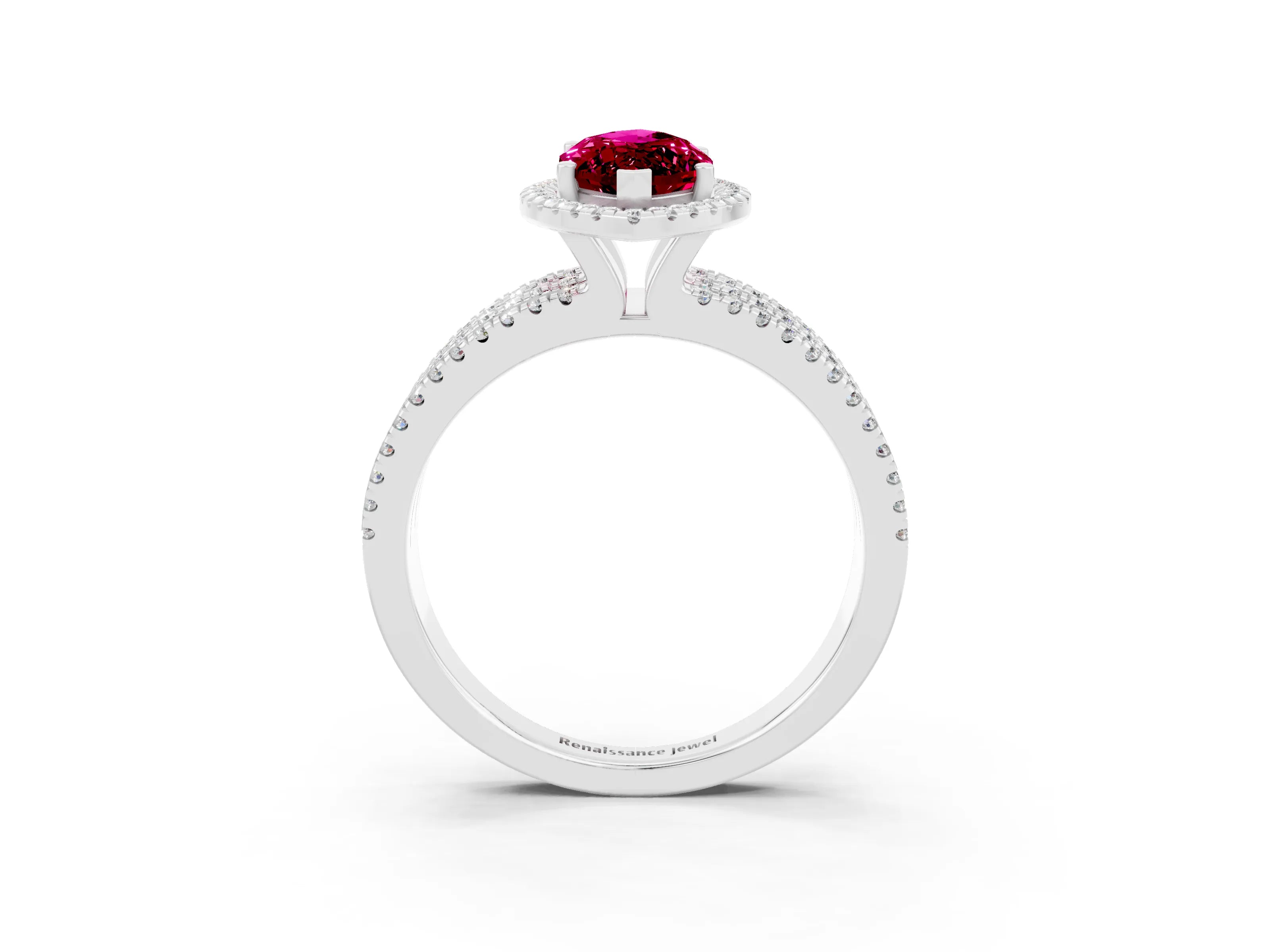White gold {shape_name} Garnet Halo Engagement Ring with Split Shank and Four-Prong Setting_3