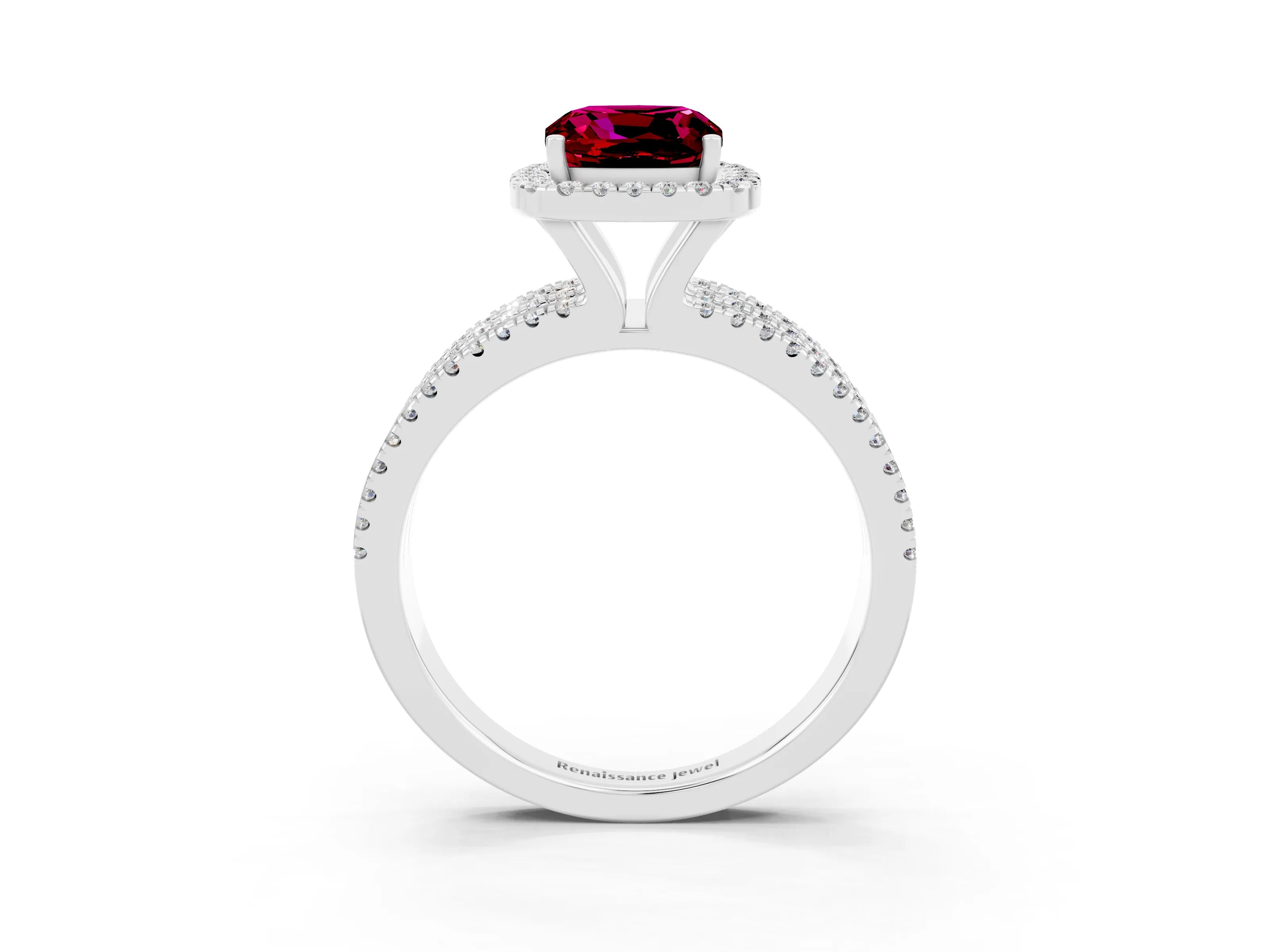White gold {shape_name} Garnet Halo Engagement Ring with Split Shank and Four-Prong Setting_3