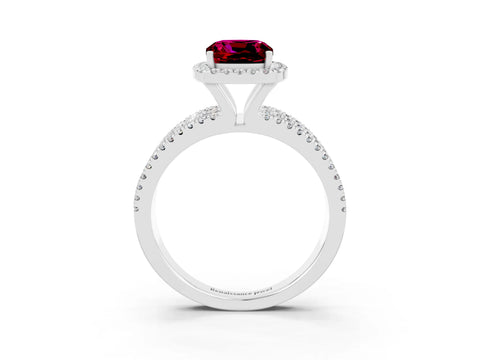 White gold {shape_name} Garnet Halo Engagement Ring with Split Shank and Four-Prong Setting_3