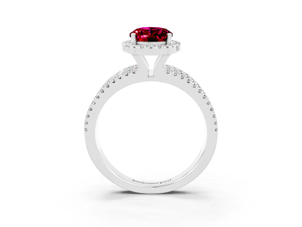 Platinum Oval Cut Garnet Halo Engagement Ring with Split Shank and Four-Prong Setting