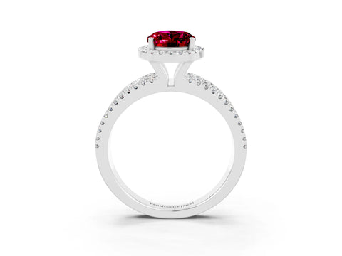 White gold {shape_name} Garnet Halo Engagement Ring with Split Shank and Four-Prong Setting_3