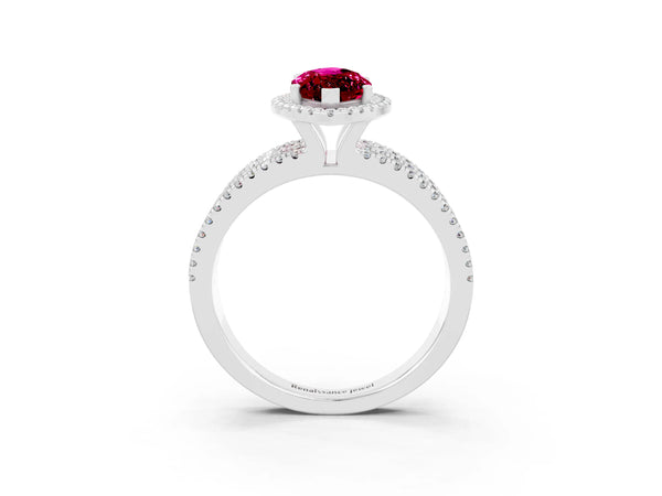 Silver Marquise Cut Garnet Halo Engagement Ring with Split Shank and Four-Prong Setting