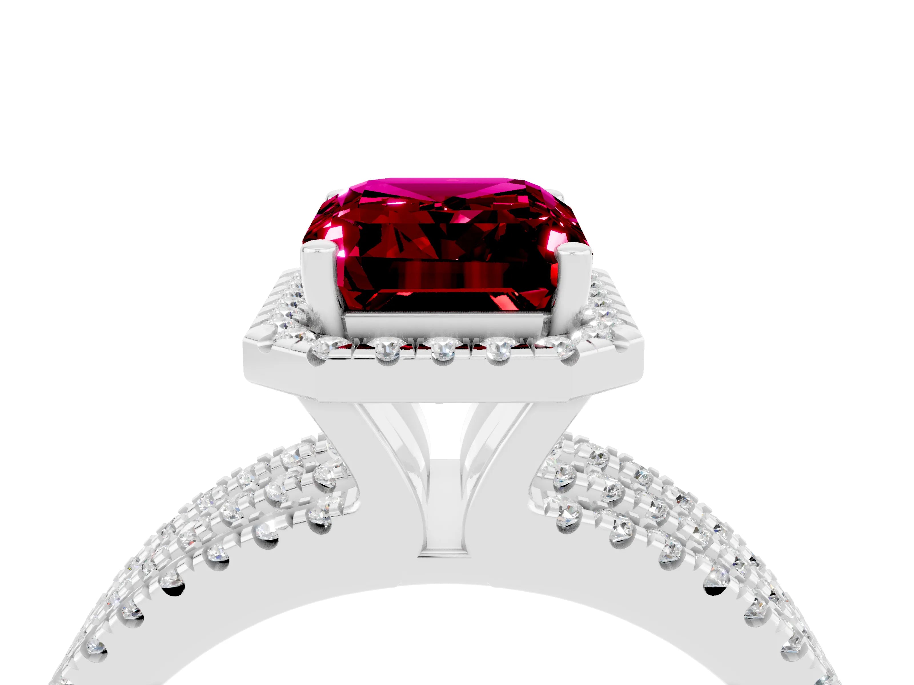 White gold {shape_name} Garnet Halo Engagement Ring with Split Shank and Four-Prong Setting_4