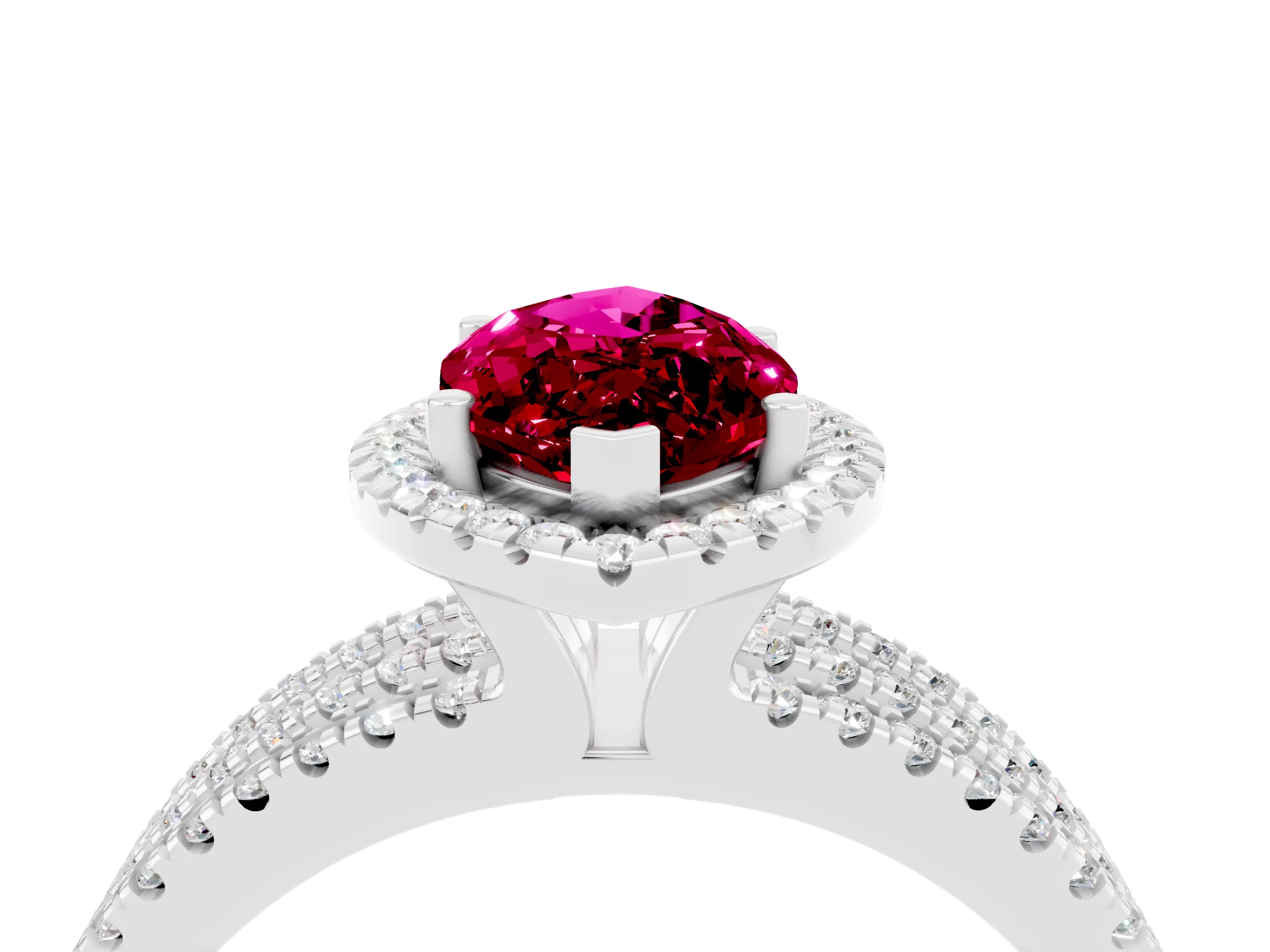 White gold {shape_name} Garnet Halo Engagement Ring with Split Shank and Four-Prong Setting_4