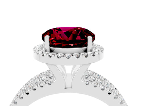 White gold {shape_name} Garnet Halo Engagement Ring with Split Shank and Four-Prong Setting_4