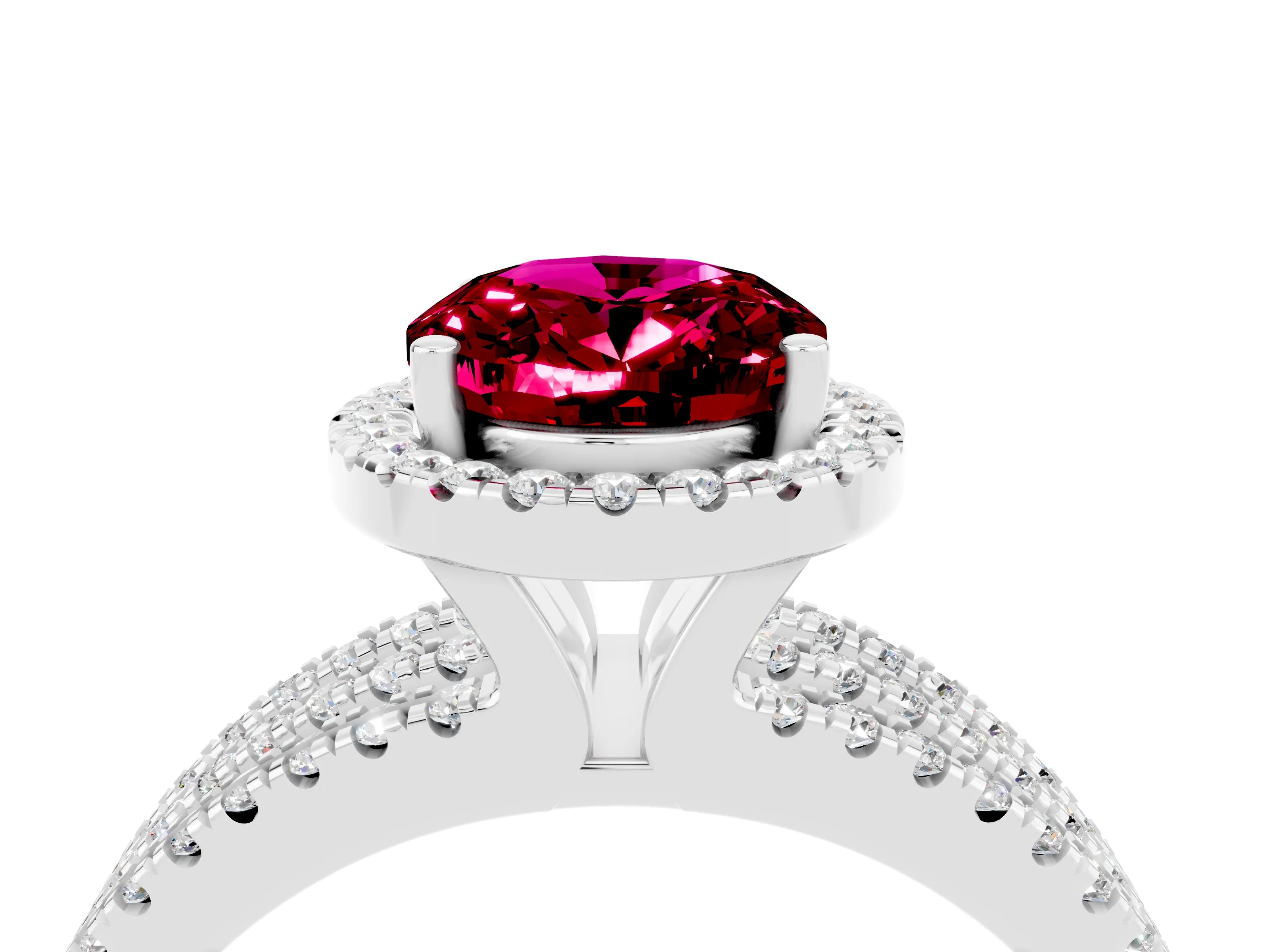 White gold {shape_name} Garnet Halo Engagement Ring with Split Shank and Four-Prong Setting_4