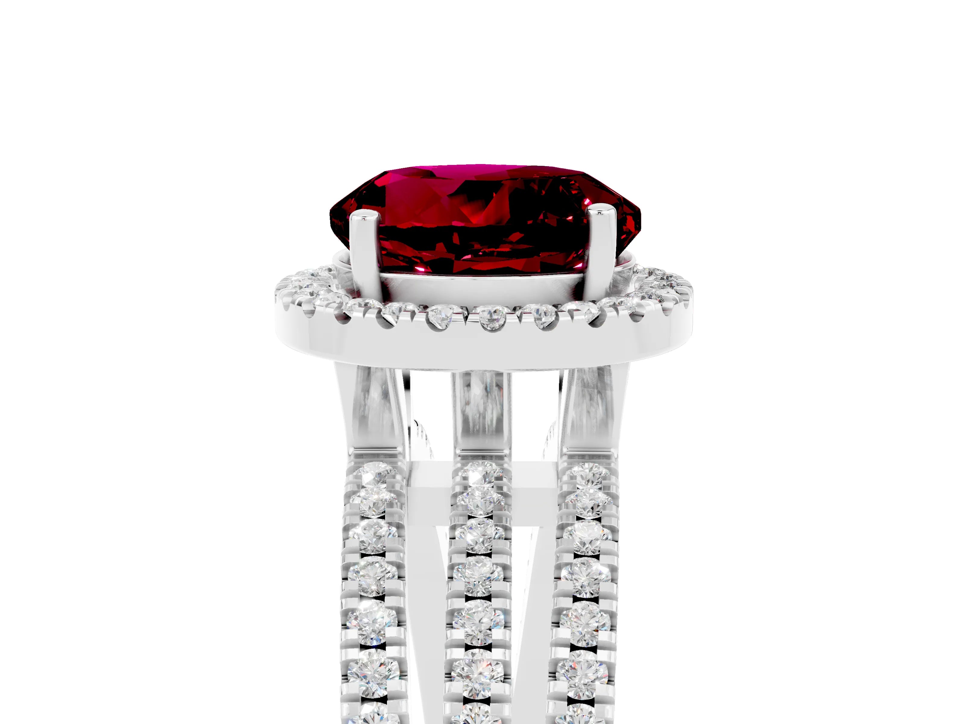 White gold {shape_name} Garnet Halo Engagement Ring with Split Shank and Four-Prong Setting_5