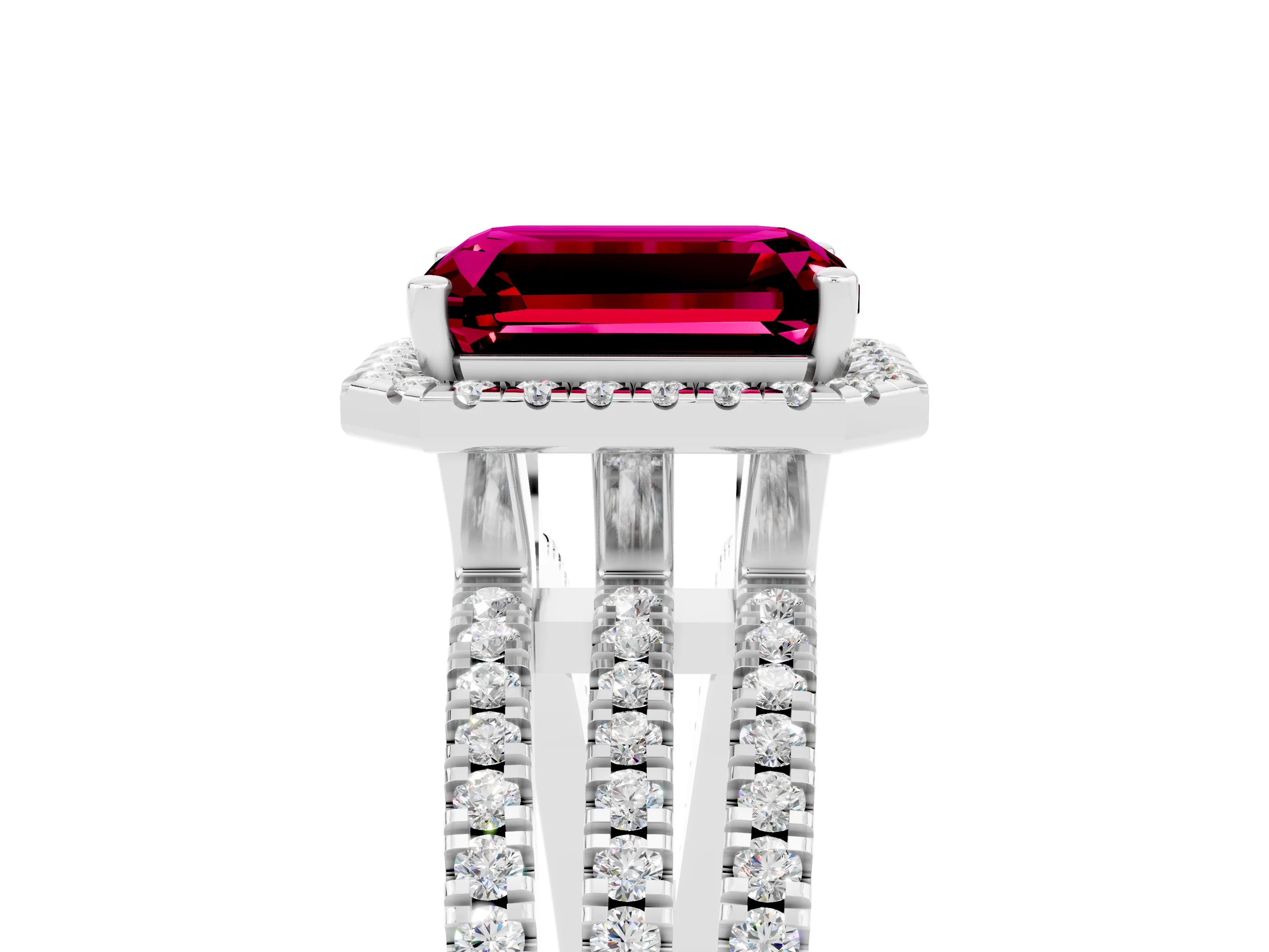 White gold {shape_name} Garnet Halo Engagement Ring with Split Shank and Four-Prong Setting_5