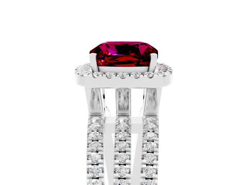 White gold {shape_name} Garnet Halo Engagement Ring with Split Shank and Four-Prong Setting_5
