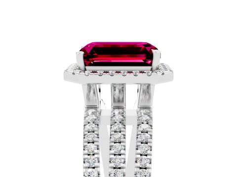 White gold {shape_name} Garnet Halo Engagement Ring with Split Shank and Four-Prong Setting_5