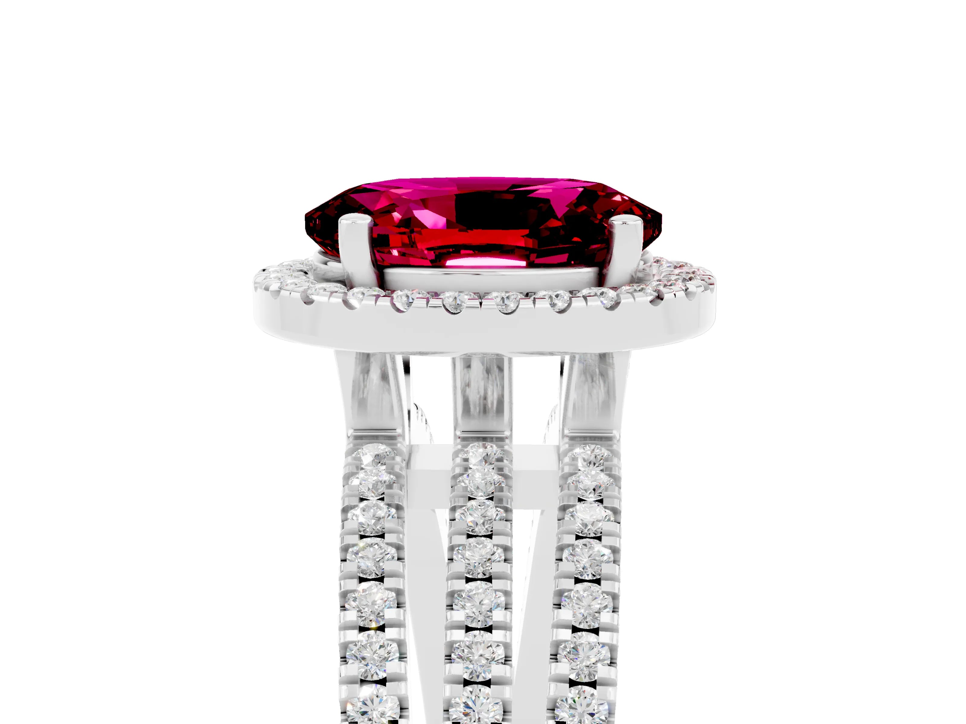 White gold {shape_name} Garnet Halo Engagement Ring with Split Shank and Four-Prong Setting_5