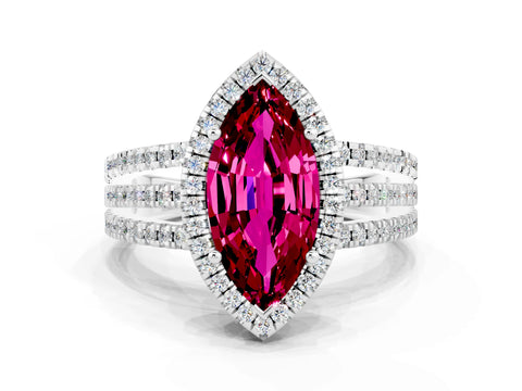 White gold {shape_name} Garnet Halo Engagement Ring with Split Shank and Four-Prong Setting