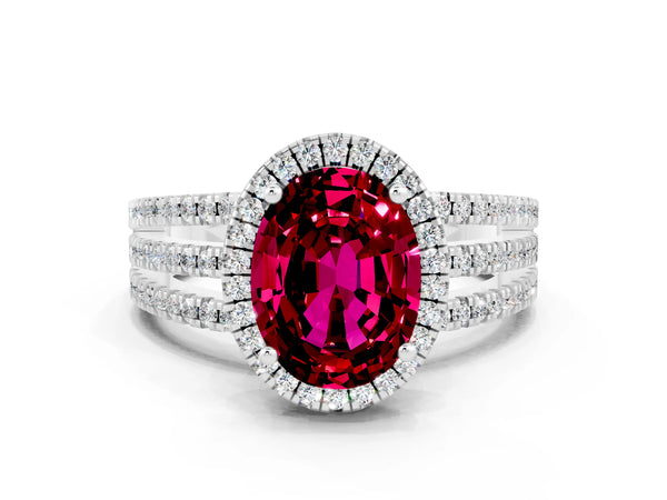 Silver Oval Cut Garnet Halo Engagement Ring with Split Shank and Four-Prong Setting