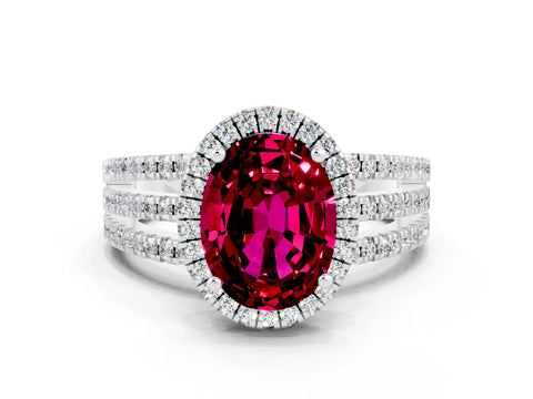 White gold {shape_name} Garnet Halo Engagement Ring with Split Shank and Four-Prong Setting