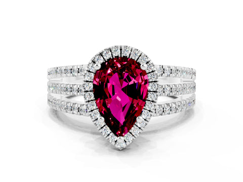 White gold {shape_name} Garnet Halo Engagement Ring with Split Shank and Four-Prong Setting