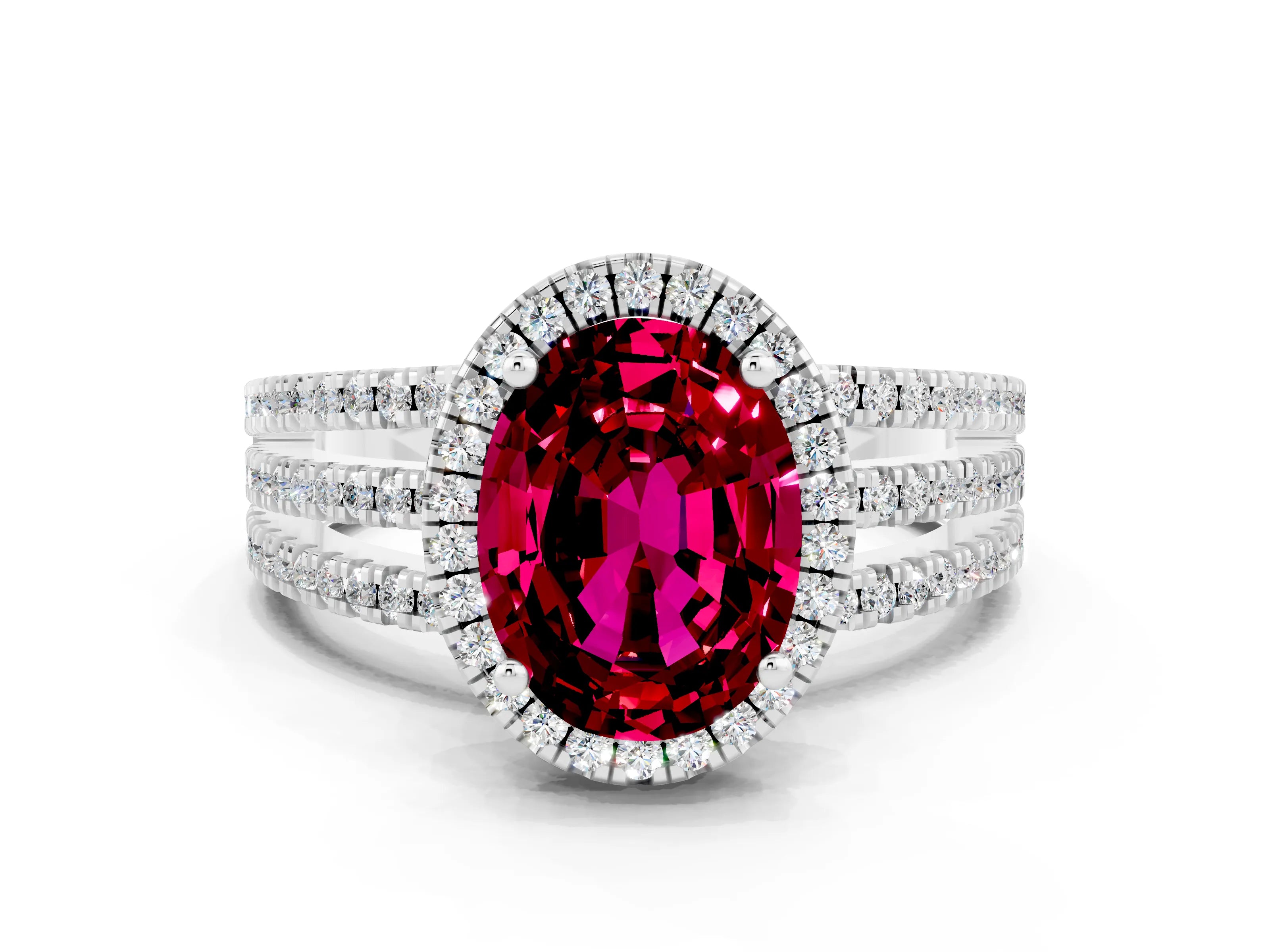 White gold {shape_name} Garnet Halo Engagement Ring with Split Shank and Four-Prong Setting