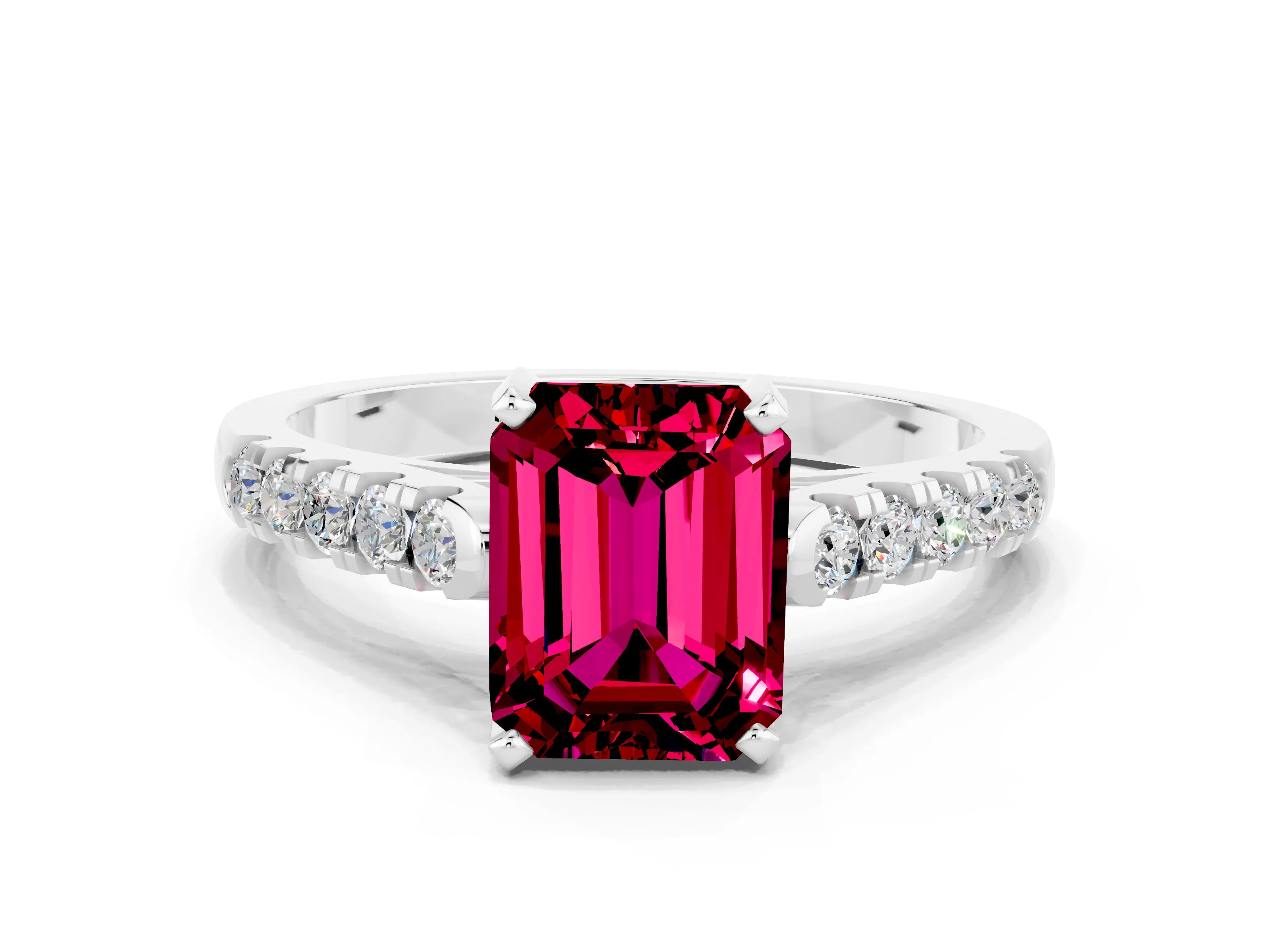 White gold {shape_name} Garnet Solitaire Ring with Pavé Band and Four-Prong Setting_12