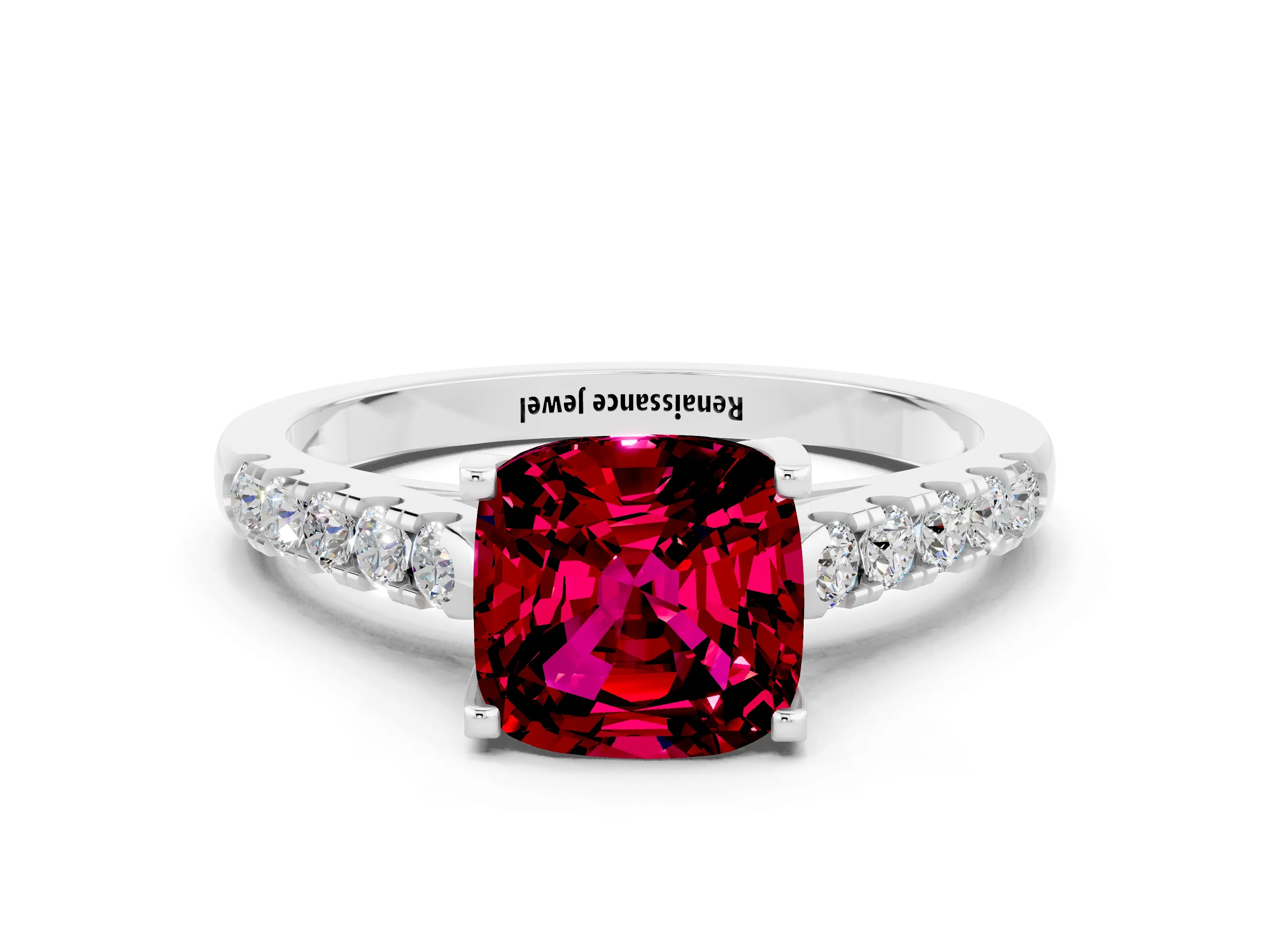 White gold {shape_name} Garnet Solitaire Ring with Pavé Band and Four-Prong Setting_12