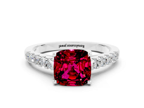White gold {shape_name} Garnet Solitaire Ring with Pavé Band and Four-Prong Setting_12