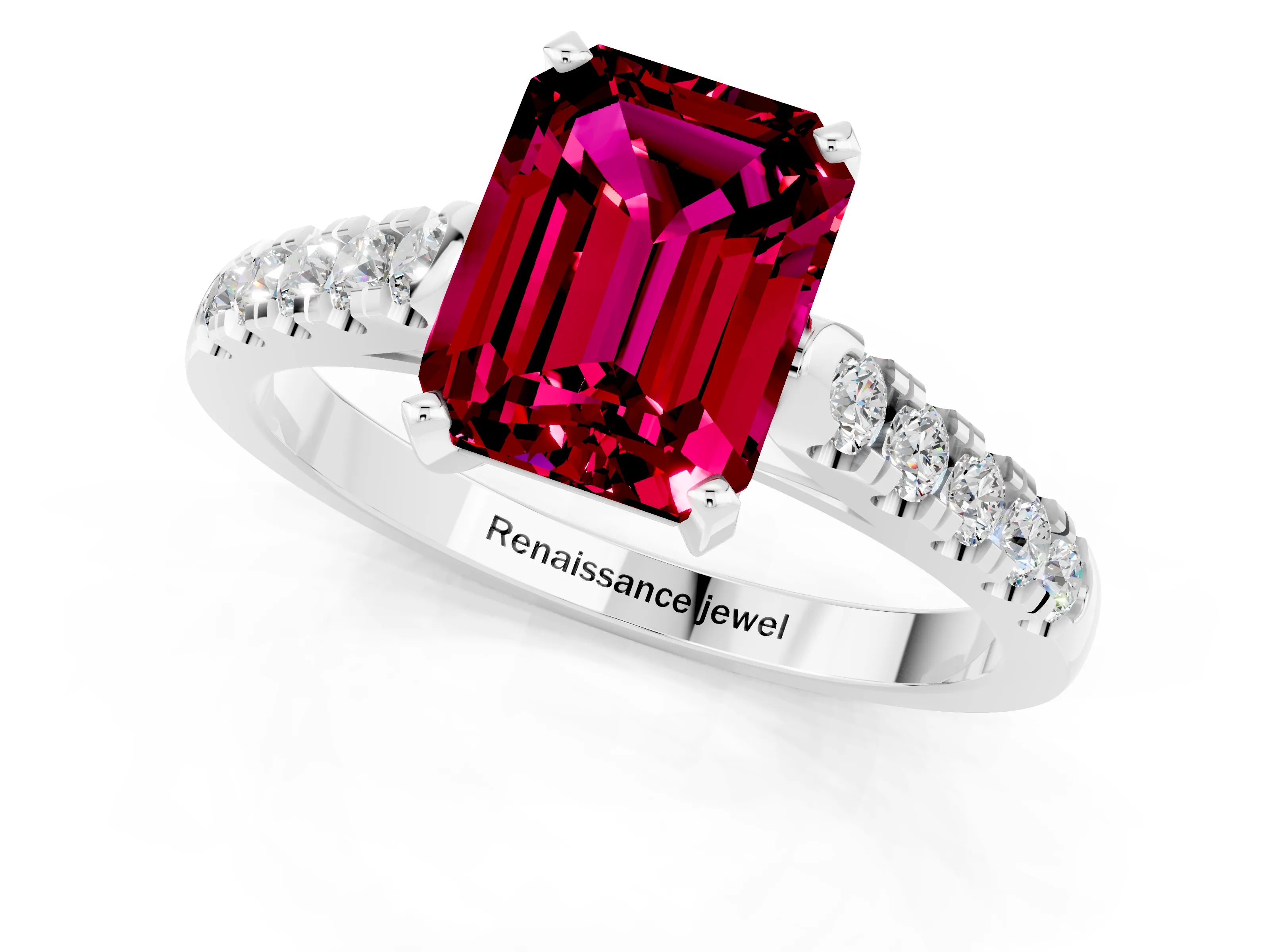 White gold {shape_name} Garnet Solitaire Ring with Pavé Band and Four-Prong Setting_13