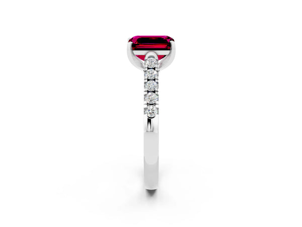 White gold Emerald Cut Garnet Pavé Band Solitaire Ring with Prong Setting