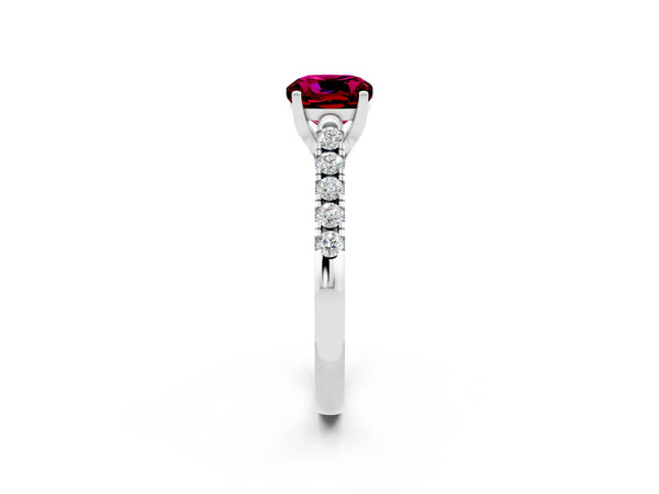 White gold Cushion Cut Garnet Pavé Band Solitaire Ring with Prong Setting